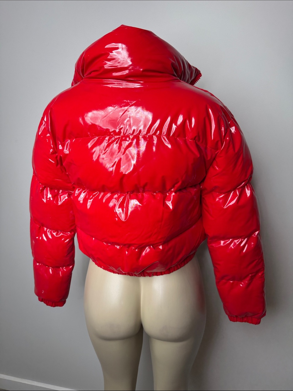 Glossy Red Cropped Puffer Jacket - Women - Picture 5 of 5